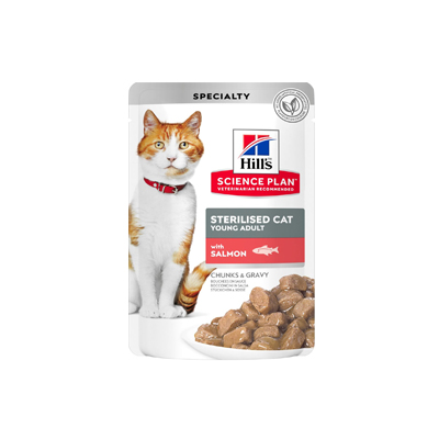پوچ(سوپ) گربه ادالت جوان استریلایز هیلز طعم ماهی سالمون مدل(HILL'S SCIENCE PLAN Sterilised Cat Young Adult Cat Food with Salmon - pouch) با وزن 85 گرم