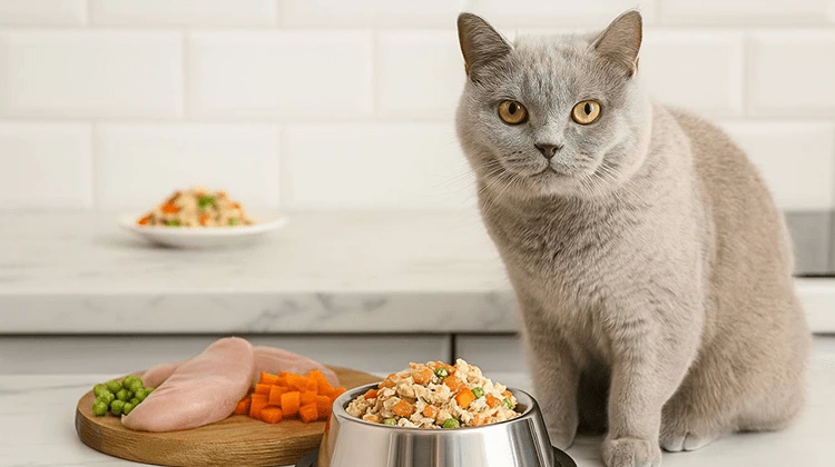 غذای خانگی برای گربه با مواد اولیه تازه در ظرف غذا در کنار گربه بریتیش