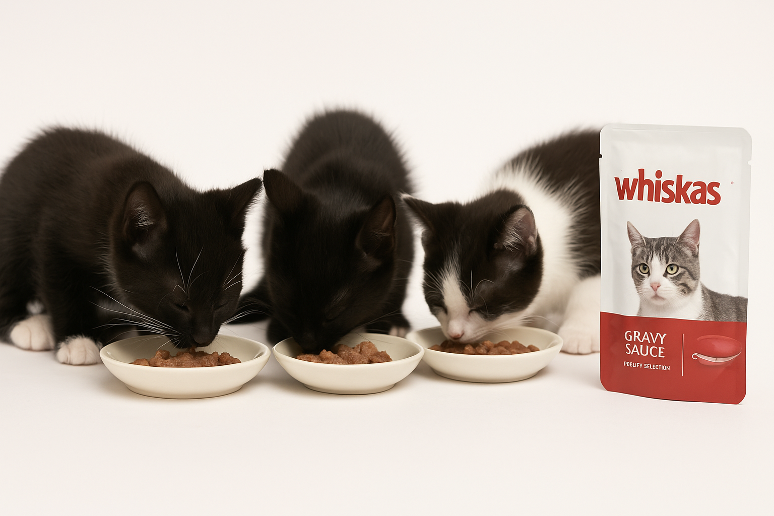 سه بچه گربه سیاه و سفید در حال خوردن ووم گربه کنار بسته‌بندی محصول روی زمینه روشن