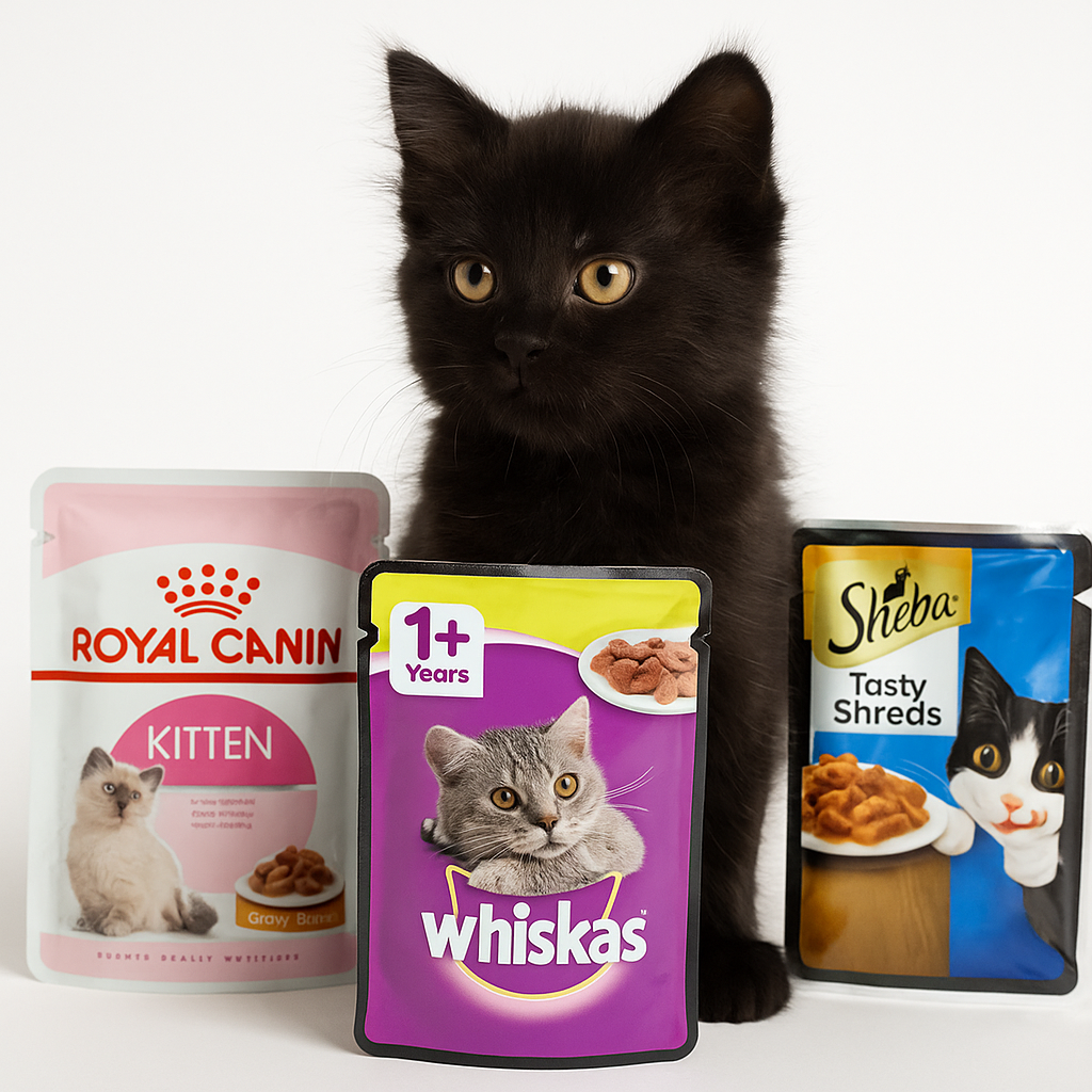 بچه گربه مشکی نشسته میان چند بسته ووم گربه روی زمینه سفید