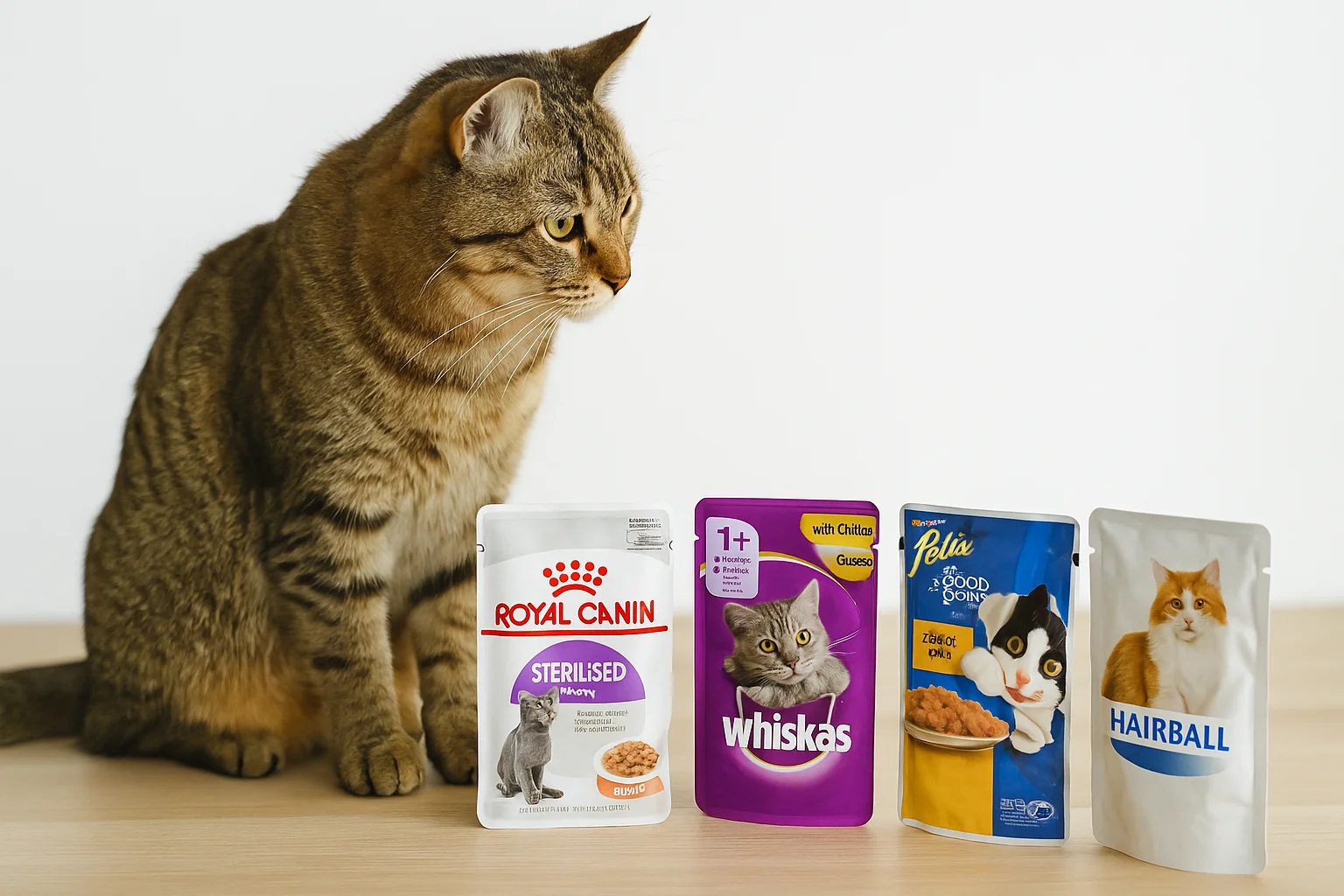 گربه‌ای نشسته مقابل بسته‌های پوچ از برندهای مختلف روی میز چوبی