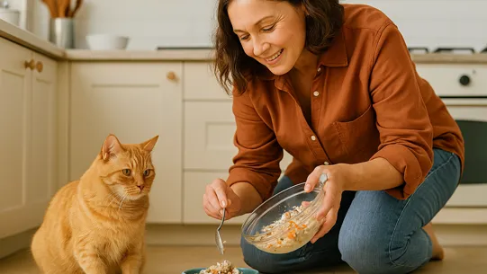 گربه نارنجی در حال تماشای طرز تهیه غذای خانگی برای گربه توسط زن در آشپزخانه برای مقاله غذای خانگی برای گربه