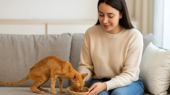 زن جوان در حال دادن غذای چاق کننده گربه به گربه لاغر نارنجی روی مبل خانه