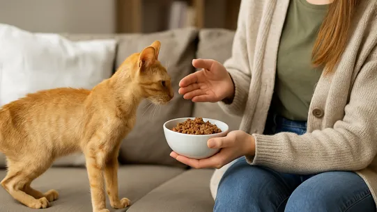 زن جوان در حال دادن غذای چاق کننده گربه به گربه لاغر در خانه روی مبل