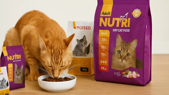 گربه در حال خوردن غذای خشک نوتری کنار بستهبندی محصول، مناسب برای مقاله مقایسه غذای خشک ایرانی و خارجی