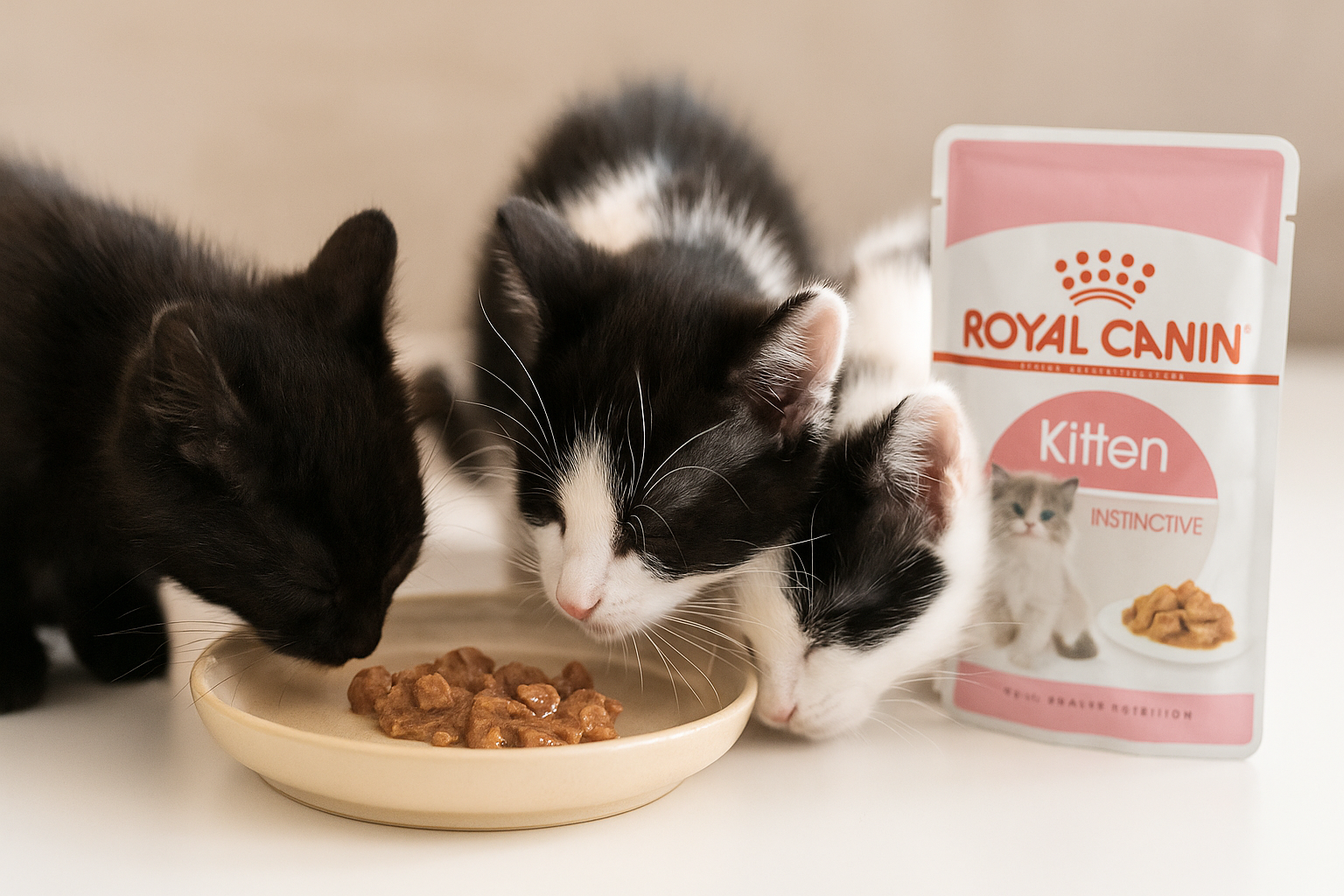 سه بچه گربه در حال خوردن ووم رویال کنین کنار بسته‌بندی غذا روی میز سفید