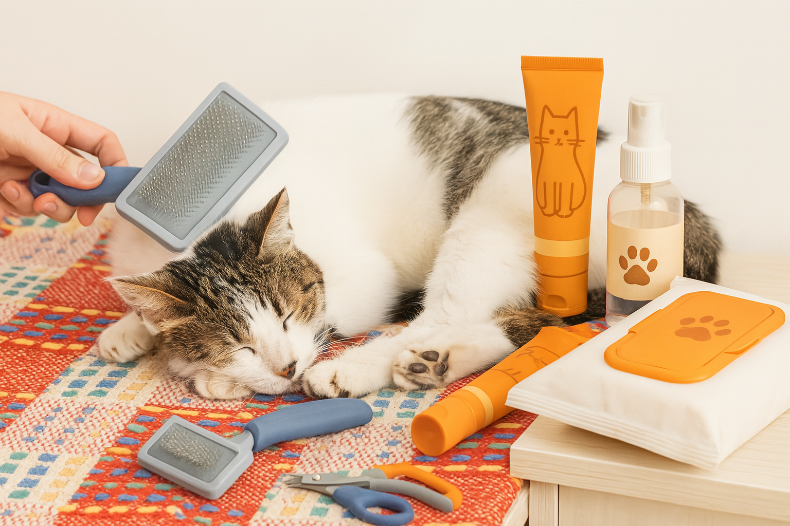 گربه‌ای در حال نگهداری روی گبه با استفاده از لوازم آرایشی و بهداشتی گربه مانند برس، اسپری، ناخن‌گیر و خمیر مالت