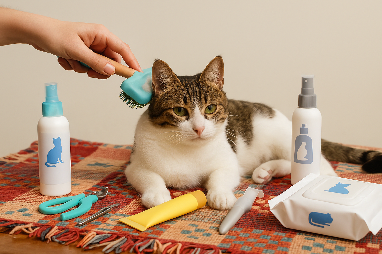 تصویری از لوازم آرایشی و بهداشتی گربه شامل برس، شامپو، ناخن‌گیر، اسپری خوشبوکننده، دستمال مرطوب و خمیر مالت روی زمینه روشن