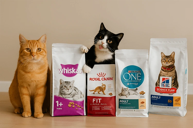 بهترین غذای خشک گربه همراه با دو گربه بامزه کنار بسته‌های برندهای مختلف