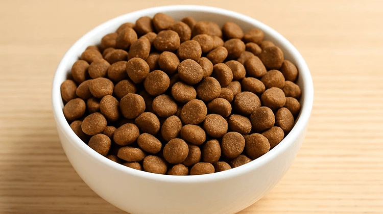 نمای نزدیک از غذای خشک گربه درون کاسه سفید سرامیکی روی سطح چوبی روشن برا مقاله ترکیبات غذای خشک گربه