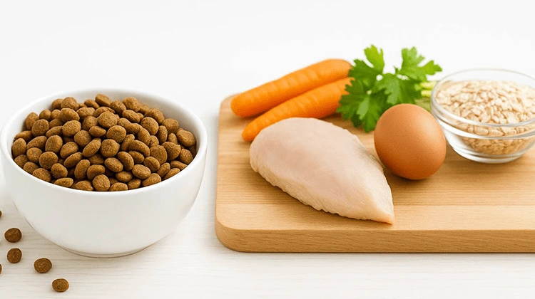 تصویر غذای خشک گربه در کنار مواد اولیه خانگی شامل مرغ، جو دوسر و هویج روی تخته چوبی برای مقاله طرز تهیه غذای خشک گربه در خانه