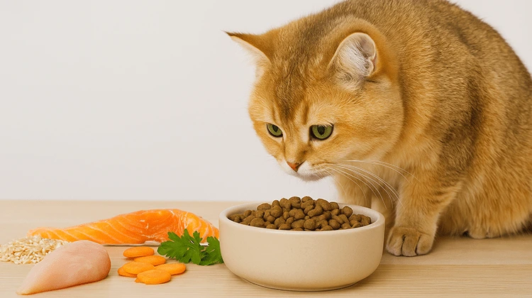 گربه بریتیش شورت هیر طلایی کنار ظرف غذای خشک و ترکیباتی مثل مرغ، ماهی، برنج و هویج برای مقاله ترکیبات غذای خشک گربه