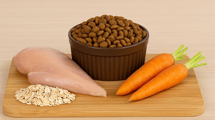 صویر ترکیبات غذای خشک گربه شامل کیبل صنعتی و مواد اولیه غذای خانگی مانند مرغ، هویج و جو دو سر برای اموزظ طرز تهیه غذای خشک گربه در خانه