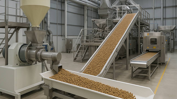 تصویر خط تولید غذای خشک گربه با دستگاه اکسترودر، نوار نقاله و تجهیزات بسته‌بندی صنعتی برای مقاله تکریبات غذای گربه و نشان دادن طرز تهیه غذای خشک گربه