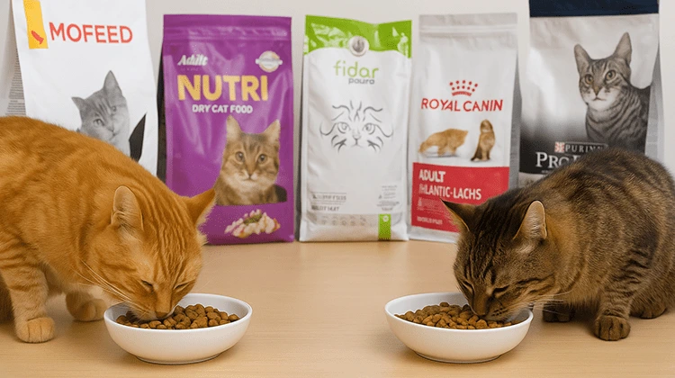 دو گربه با رنگ متفاوت در حال خوردن غذای خشک از دو ظرف جداگانه؛ کنار یکی غذای ایرانی و کنار دیگری غذای خارجی، مناسب برای مقاله مقایسه غذای خشک ایرانی و خارجی