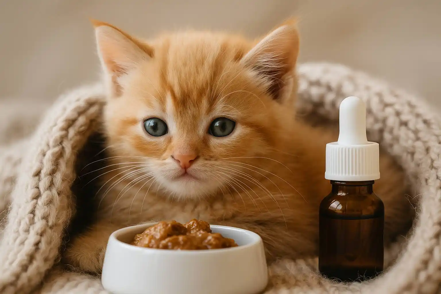 بچه گربه در پتوی پشمی کنار شیشه مکمل و ظرف غذای مخصوص در زمستان