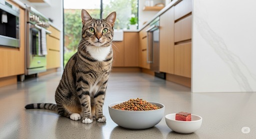 تغذیه سالم گربه با غذای خشک به عنوان غذای اصلی و تکه‌ای گوشت به عنوان تشویقی برای مقاله آیا می‌توان به گربه گوشت قرمز داد؟