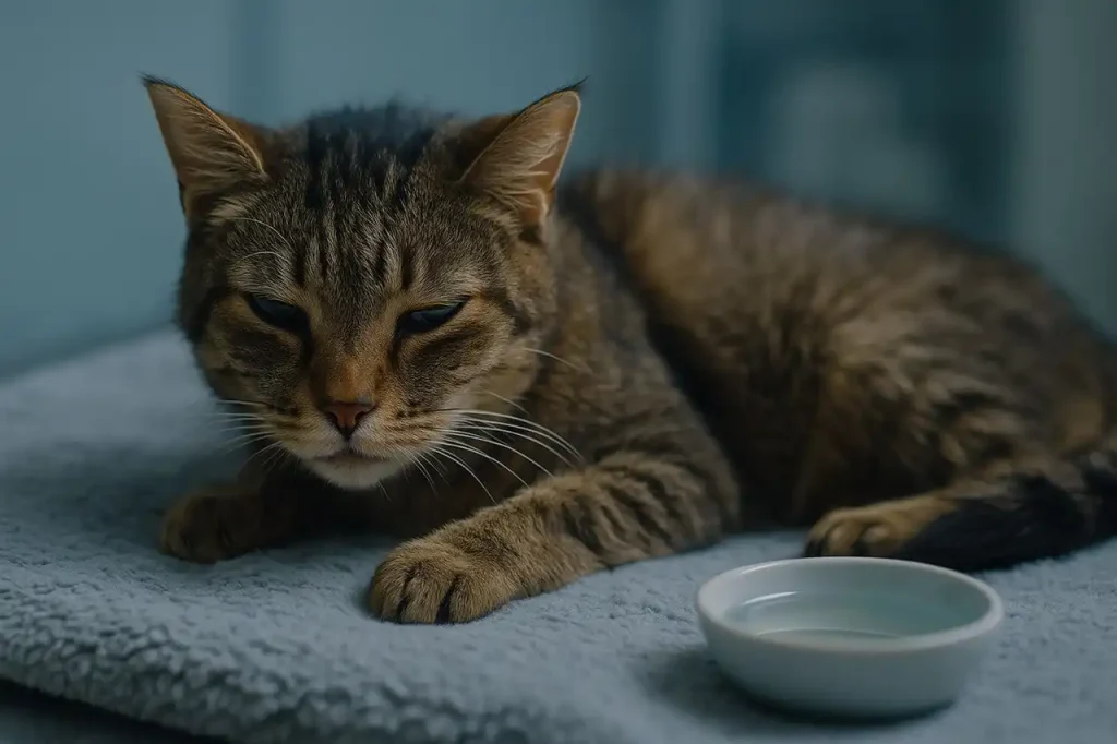 گربه مریض مبتلا به حساسیت غذایی در حال استراحت روی پتوی خاکستری