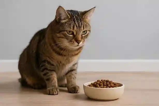 گربه خانگی در حال نگاه کردن به ظرف غذای خشک با حالت بی‌میلی یا ناراحتی؛ نمادی از علائم حساسیت غذایی در گربه‌ ها