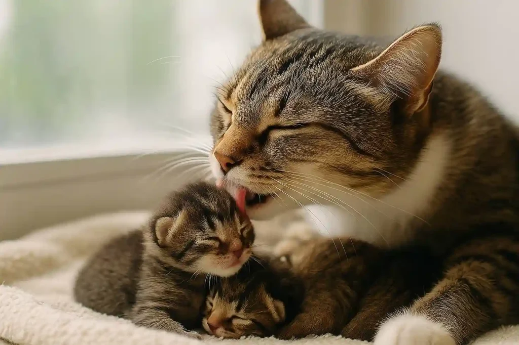 کلوزآپ از گربه مادر در حال لیسیدن توله‌ها کنار پنجره با نور طبیعی برای مقاله تغذیه گربه بعد از زایمان