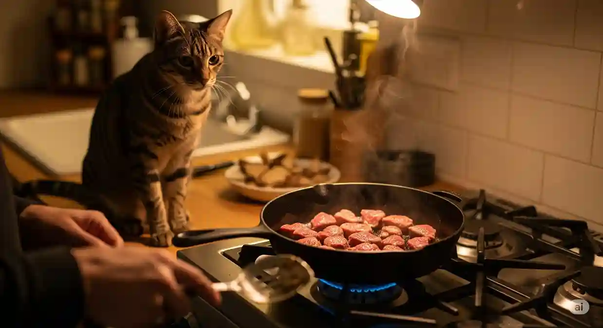 صاحب گربه در حال پختن تکه‌های گوشت قرمز در آشپزخانه و گربه‌ای که با کنجکاوی نگاه می‌کند برای مقاله آیا می‌توان به گربه گوشت قرمز داد؟