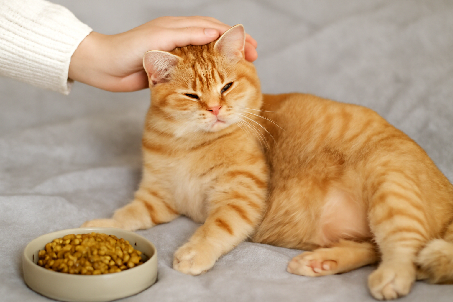 گربه باردار در حال استراحت در کنار ظرف غذای خود، در حالی که صاحبش در حال نوازش گربه است؛ نشان‌دهنده آرامش و مراقبت در تغذیه گربه‌های باردار.