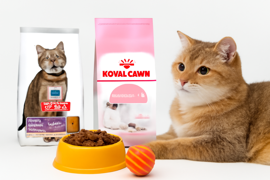 گربه بریتیش گلدن باردار در کنار جعبه بسته‌بندی غذای گربه باردار و لوازم گربه، نشان‌دهنده مراقبت و کیفیت در انتخاب غذای مناسب برای گربه‌های باردار.