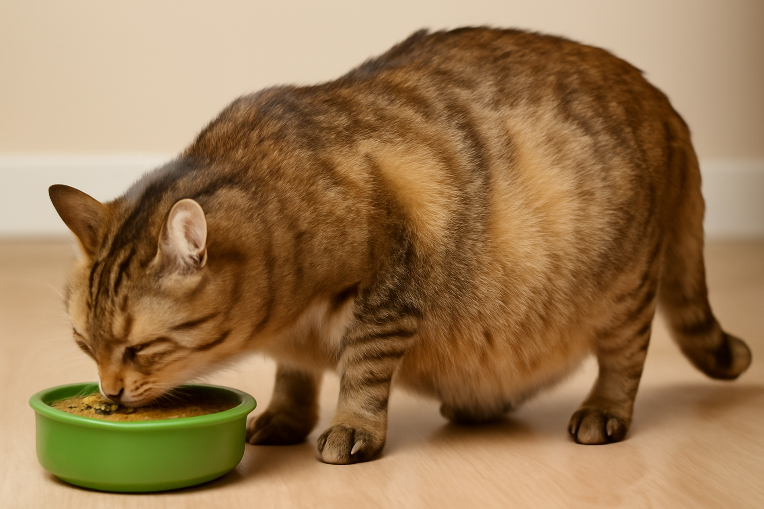 گربه باردار در حال خوردن غذای گربه باردار مرطوب یا خشک از کاسه مخصوص، با شکم برآمده، نشان‌دهنده راحتی و مراقبت در تغذیه گربه‌های باردار.