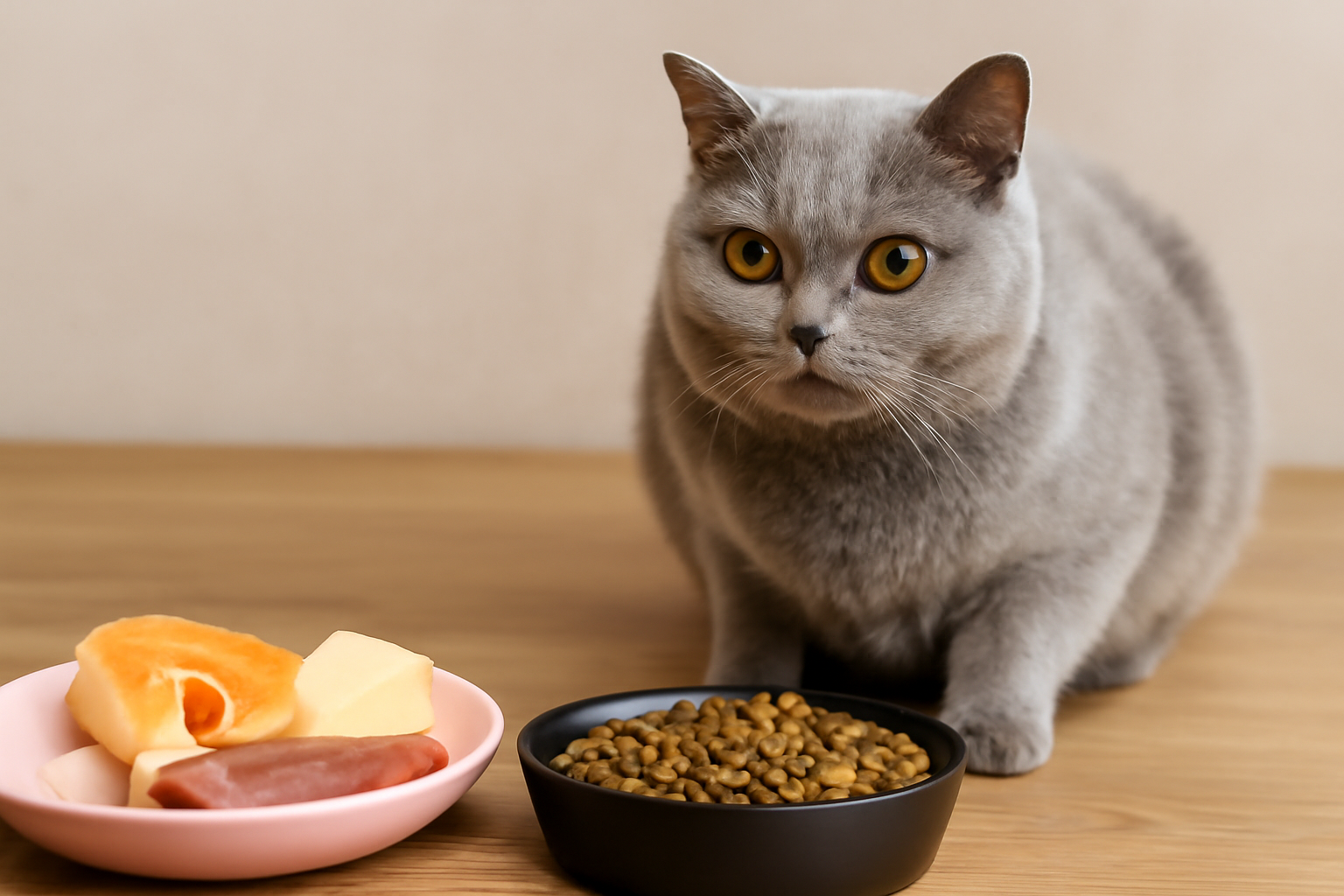 نمای نزدیک از مواد غذایی مناسب گربه‌های باردار شامل پروتئین‌ها، چربی‌های سالم و ویتامین‌ها، در کنار ظرف غذای گربه و گربه باردار اسکاتیش فولد.