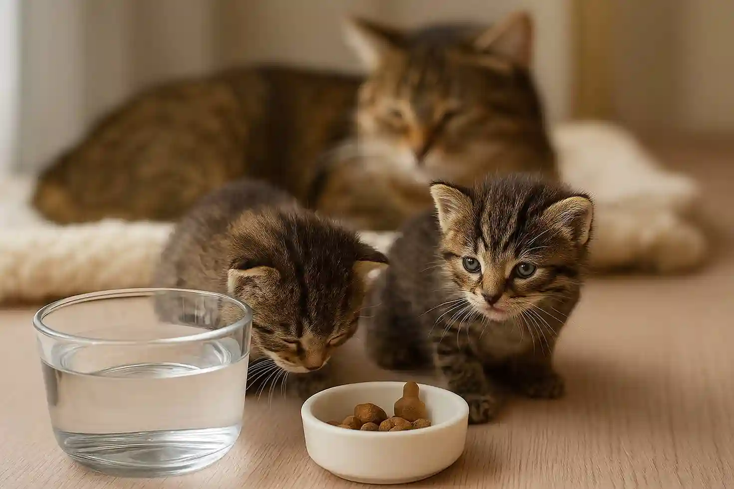 بچه گربههای ببرى کنار ظرف آب و مکمل غذایی با گربه مادر در پسزمینه برای مقاله تغذیه گربه بعد از زایمان