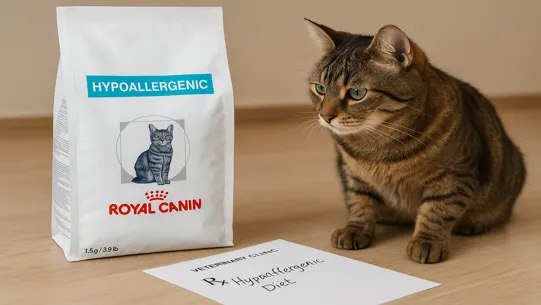 گربه ای که پیش دامپزشک رفته و نسخه گرفته و غذای ضد حساسیت چون دچار حساسیت غذایی گربه شده