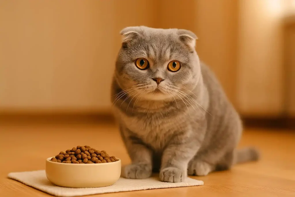 پرتره گربه اسکاتیش فولد خاکستری کنار ظرف غذای گربه اسکاتیش باکیفیت روی زیرانداز، نور نرم و پس‌زمینه گرم خانگی