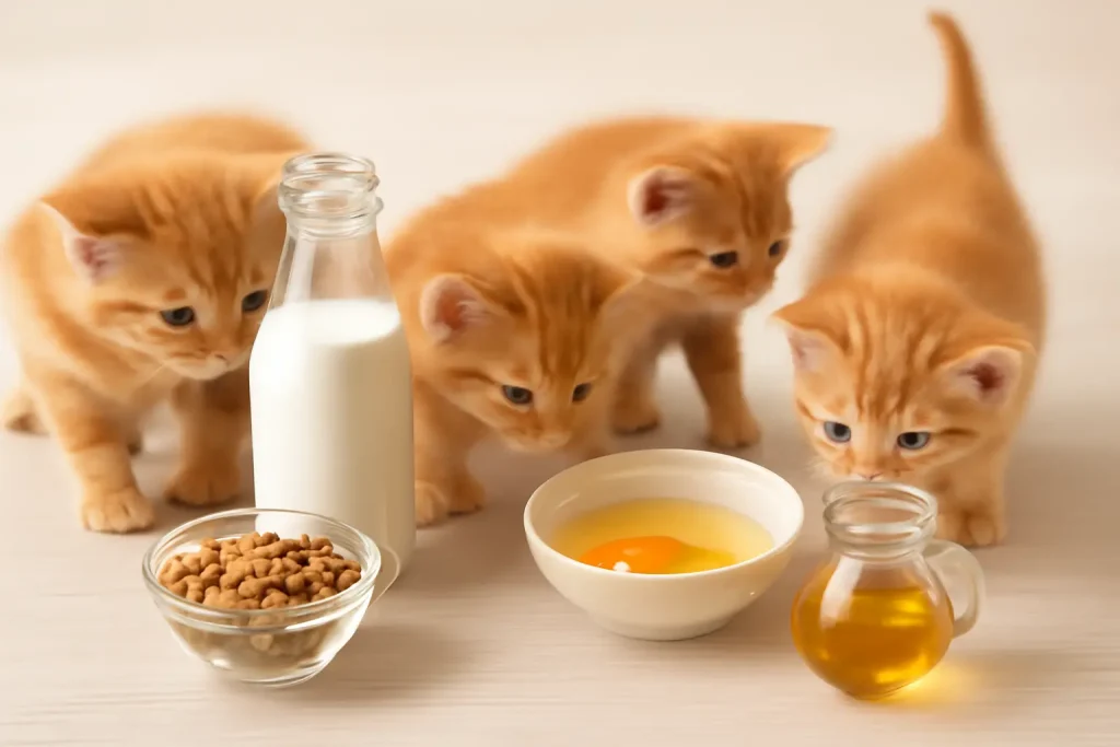 نمای نزدیک از مواد لازم برای تهیه شیر خشک خانگی برای بچه گربه‌ها شامل شیر گاو، زرده تخم‌مرغ، روغن گیاهی و غیره، با بچه گربه‌های بازیگوش که در حال بررسی مواد هستند. برای مقاله شیر خشک بچه گربه