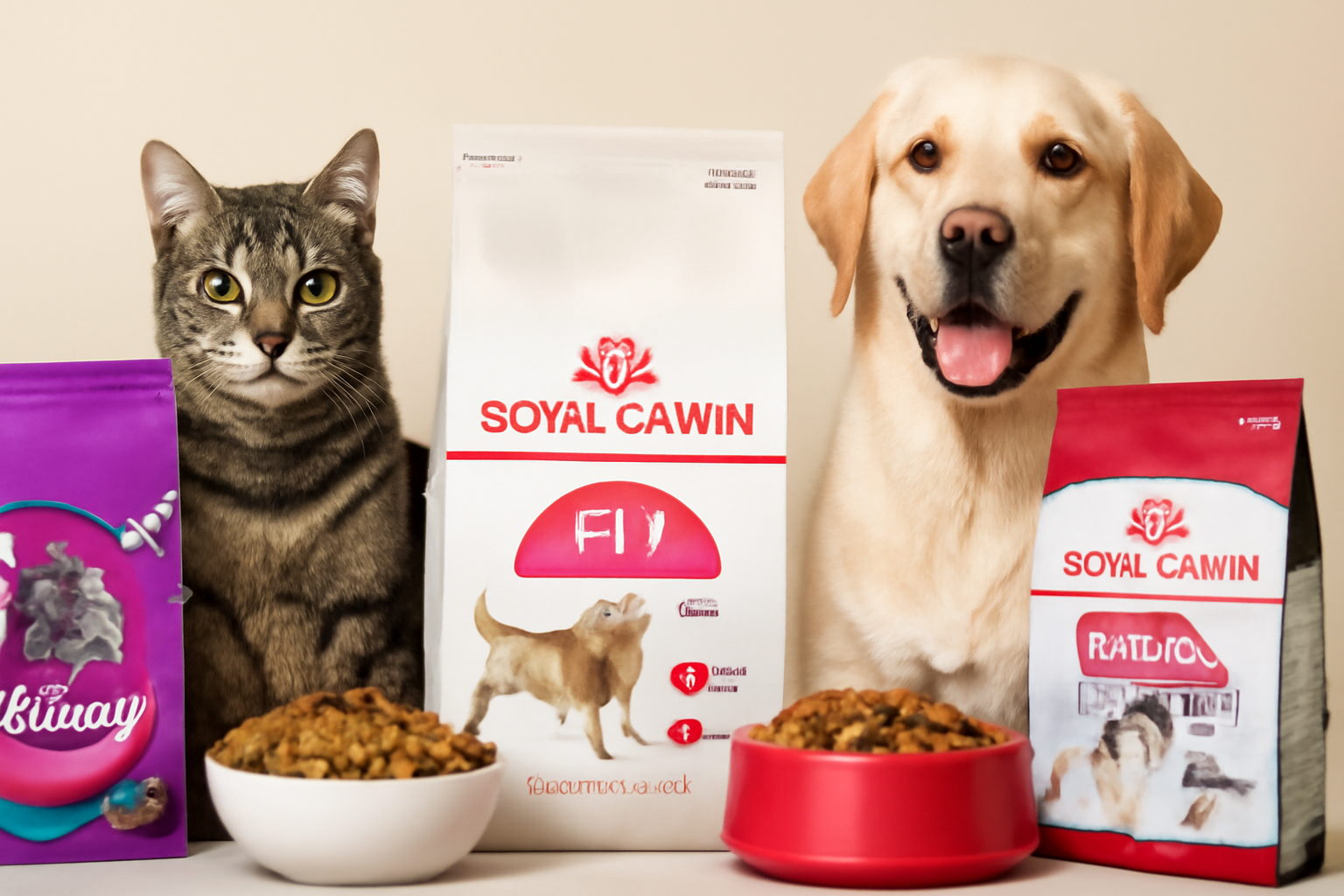 نمای نزدیک از غذای خشک گربه و سگ از برندهای رویال کنین و رفلکس، با مواد مغذی مانند پروتئینهای حیوانی، چربیهای سالم، ویتامینها و اسیدهای آمینه در کنار غذای گربه و سگ برای مقاله تفاوت غذای خشک گربه و سگ