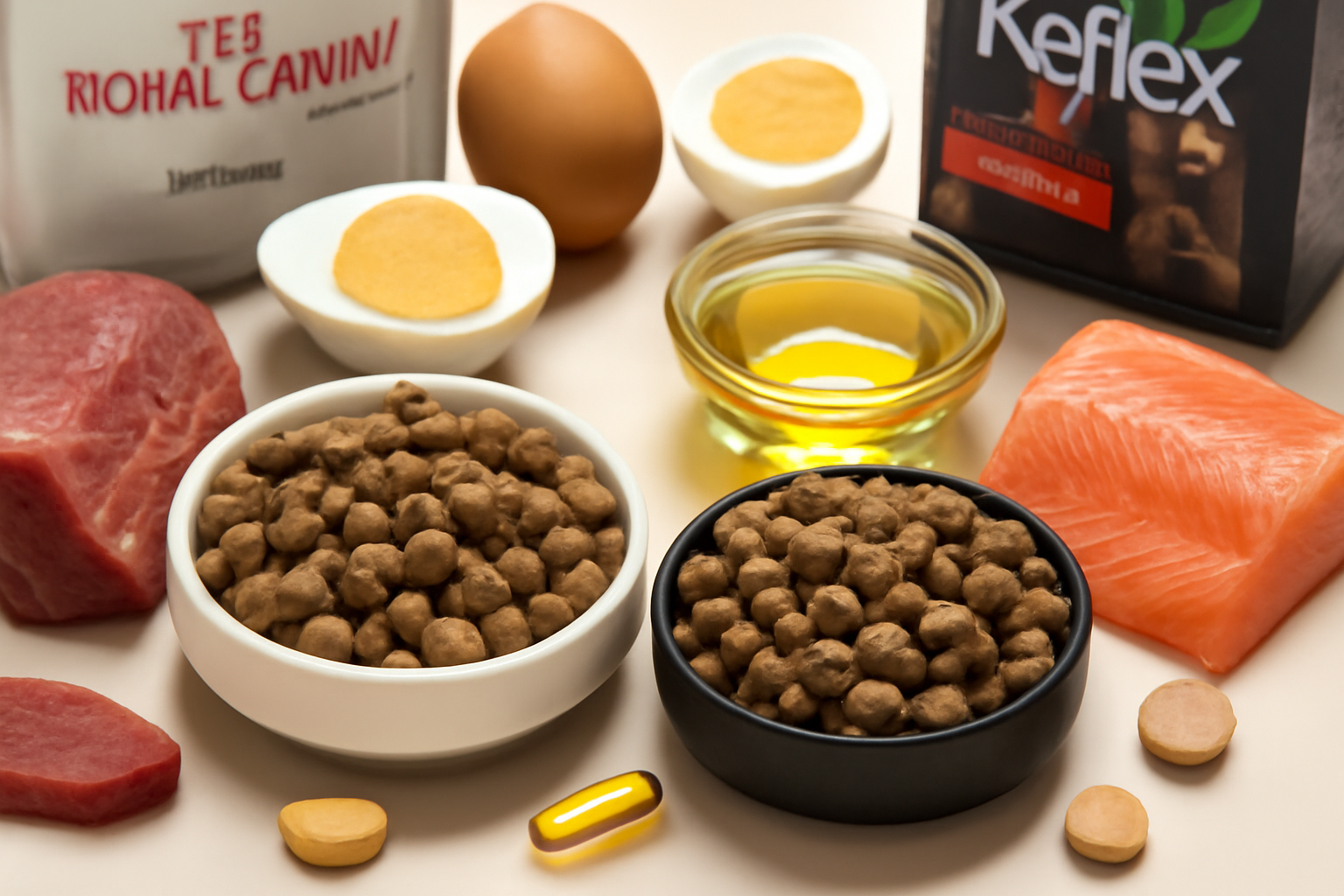 نمای نزدیک از ترکیب مواد مغذی در غذای خشک گربه و سگ از برندهای رویال کنین و رفلکس، شامل پروتئینها، چربیهای سالم و ویتامینها. برای مقاله تفاومت غذای خشک سگ و گربه