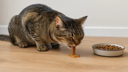 گربه خانگی در حال بالا آوردن در کنار ظرف غذای خشک؛ نشانه‌ای از حساسیت غذایی یا ناسازگاری با ترکیبات خوراک
