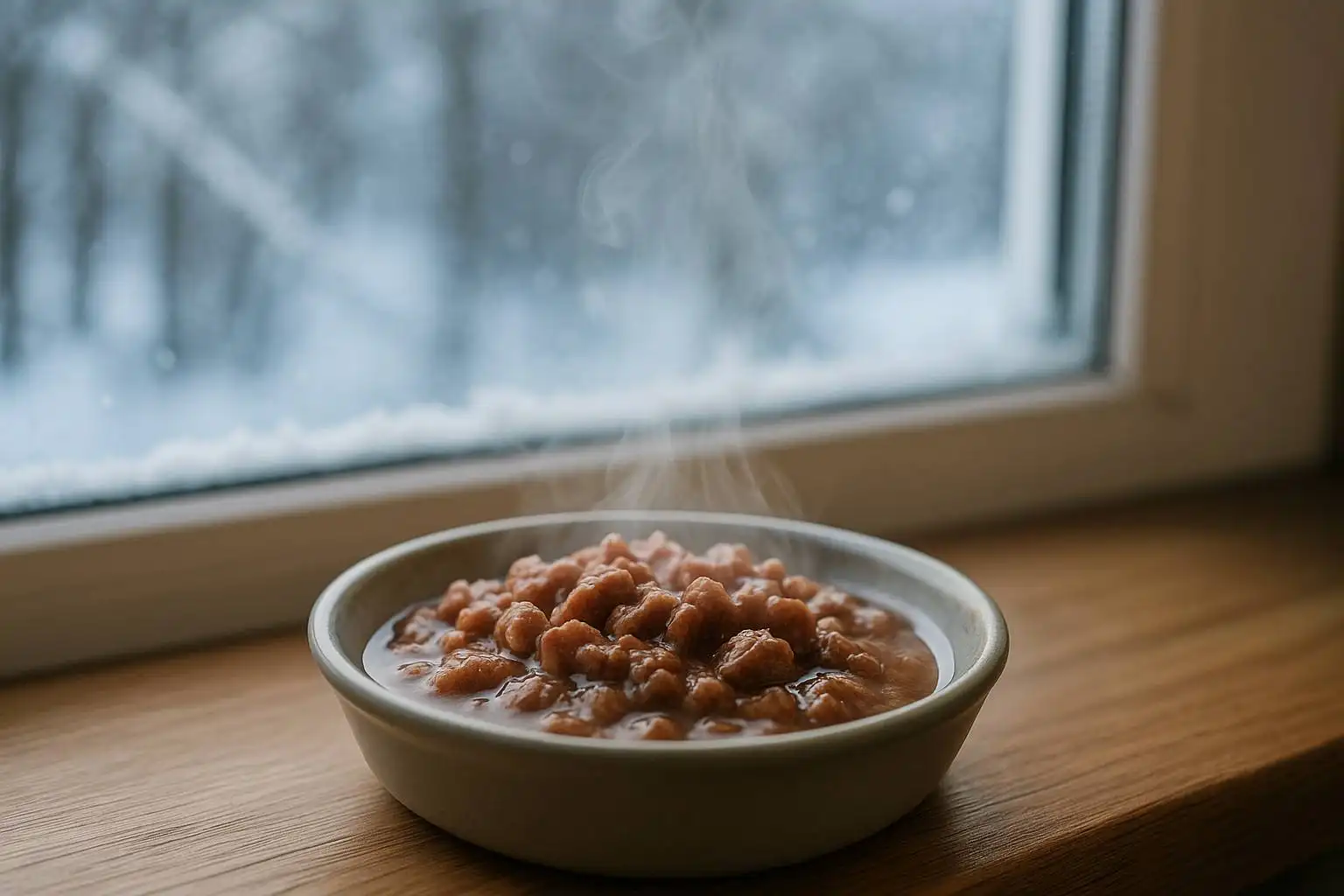 ظرف غذای مرطوب گربه بخارآلود کنار پنجره برفی در زمستان برای مقاله غذای گربه در زمستان